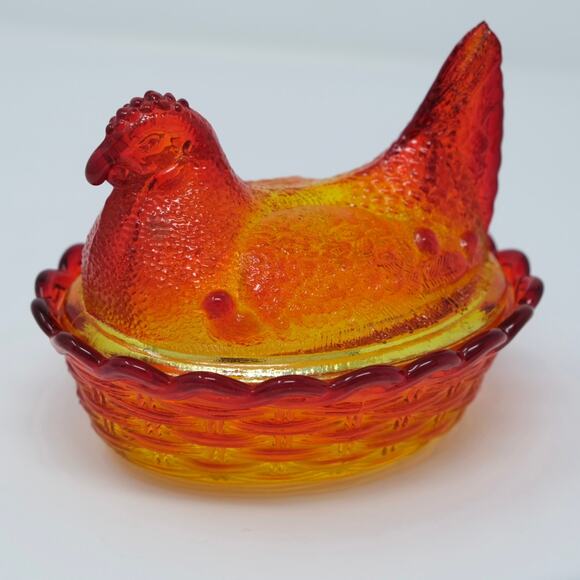 Vintage LE Smith Hen On Nest, 5 Inch Amberina 1967 UV Glow Split Tail MCM - Picture 1 of 10
